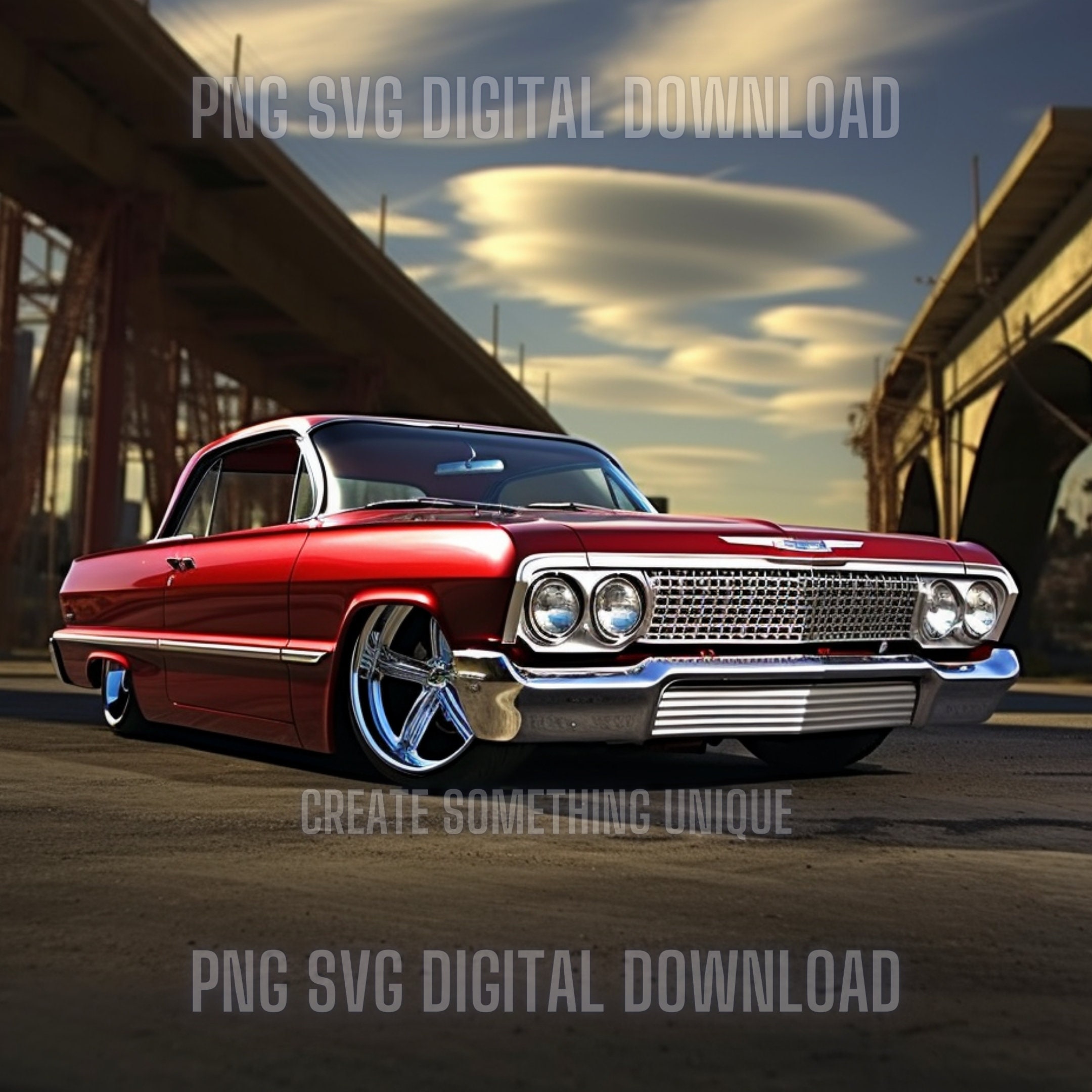 アメリヴィンテージUNDLANDSCAPEPRINTWAISTSLITSKIRT 1964 Chevy Impala Lowrider Art Print | Chicano Sunset Car Wall Art
