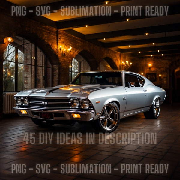 68 Chevelle SS Silver Muscle Car Png, Svg - Man Cave Gifts, Car Guy Downloadable Gift, Vintage Hot Rod Png, 5 Aspect Ratios fit your DIY !!!