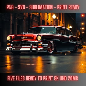 1957 Chevy Bel Air Candy Red and White, Vintage Hot Rod PNG, Vintage Muscle Car PNG, Vintage Muscle Car Sublimation