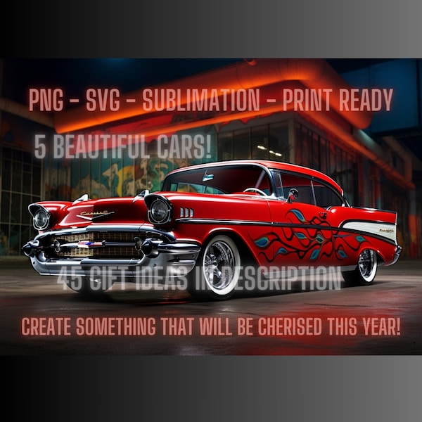 Vintage 57 Chevy Bel Air PNG Bundle, Vintage 57 Chevy Tumbler Wrap Png, Vintage 57 Chevy Png, Muscle Car Sublimation, 5 Muscle Car Bundle!