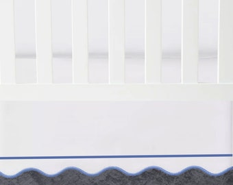 Crib skirt scalloped & Border with split corners 100% White Cotton Sateen ; 4-sided skirt fits around the entire crib