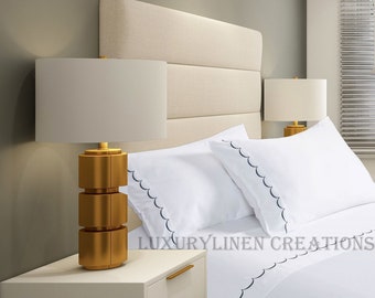 400 Thread Count White Cotton Sateen  Sheet Set Scalloped Embroidery