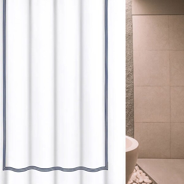 White 100% Cotton Sateen  Bath Shower Curtain Triple Embroidery Border