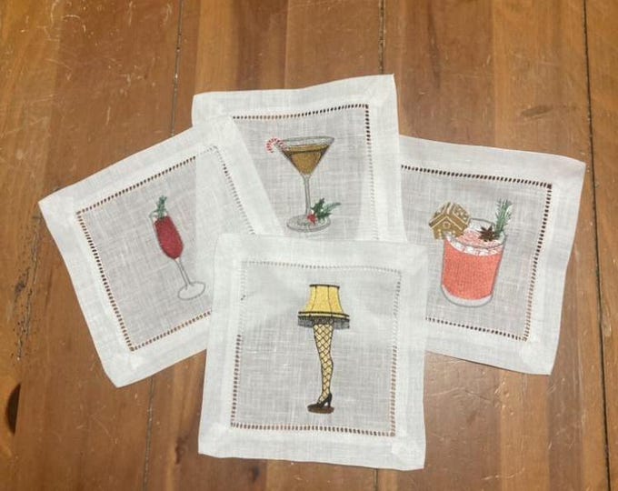 Christmas Embroidered Linen Cocktail Napkins
