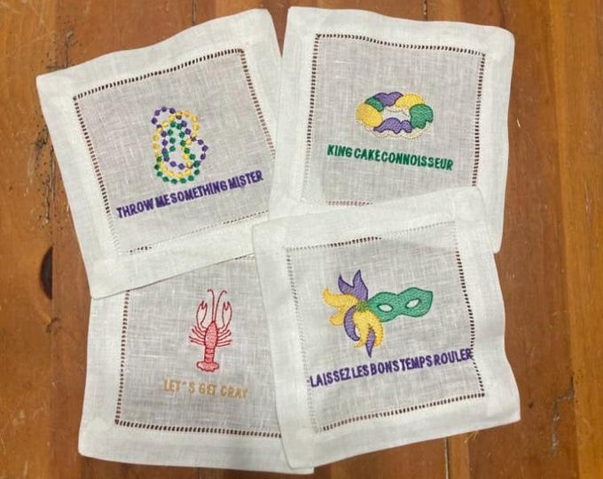 Mardi Gras Embroidered Linen Cocktail Napkins