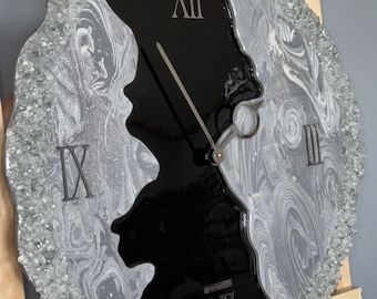 epoxy resin wall clock geode marble black and silver for home decor wall decor housewarming gift handmade resin art house decor customizable