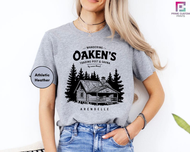 a woman wearing a t - shirt that says oaken's