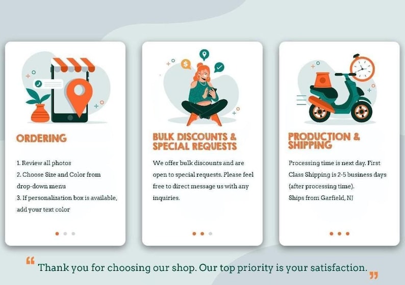 The image is a three-panel presentation with illustrations and text providing information about a shop's ordering, bulk discounts, and shipping options.