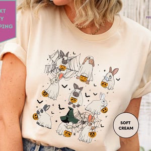 Maglietta di Halloween con coniglio fantasma spettrale, maglietta con coniglietti spaventosi e zucche, maglietta con simpatico animaletto da regalo di Halloween