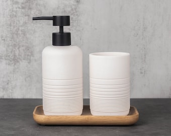 3-Piece Bathroom Counter Accessories Set, Soap Dispenser and Cup, Wood Vanity Tray, Hand Soap Dispenser, Rubberwood Tray