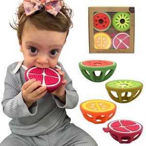 Set of 4 Fruit Shaped Teethers, BPA Free, Non Toxic, Teething Toy, Baby 3 Months+, Soothe Sore Gums, Vibrant Colors, Easy to Hold, Gift Set