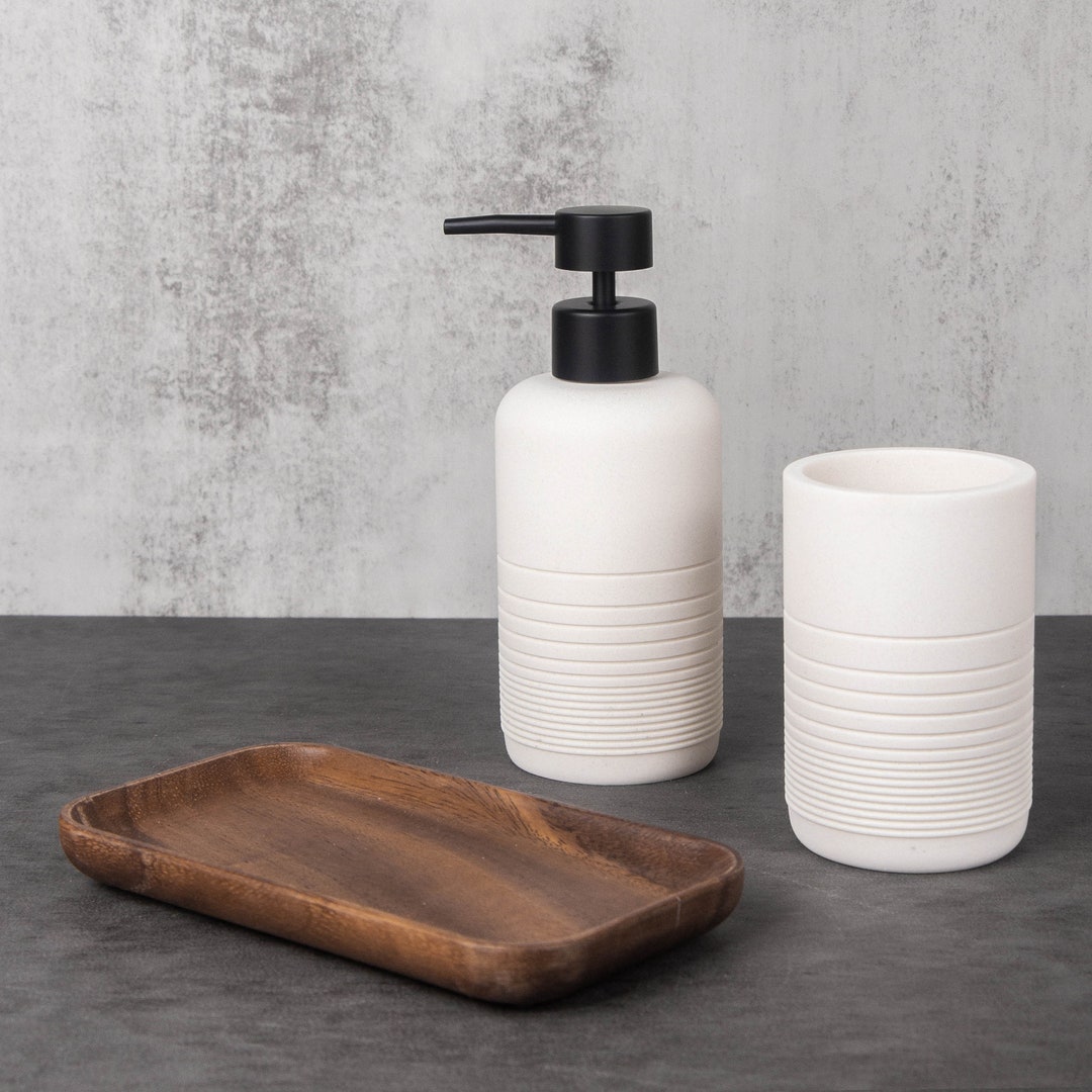 3piece Bathroom Counter Accessories Set, Soap Dispenser and Cup, Wood Vanity Tray, Hand Soap