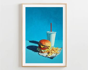 Impressão retrô de cheeseburger, pintura de fast food, arte pop de meados do século (download digital)
