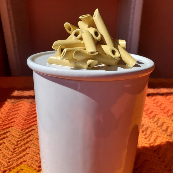 Ceramic Jar with Pasta Style Lid Kitchen Counter Dry Storage Penne Noodles Funky Weird Design Food Accessories Home Organization