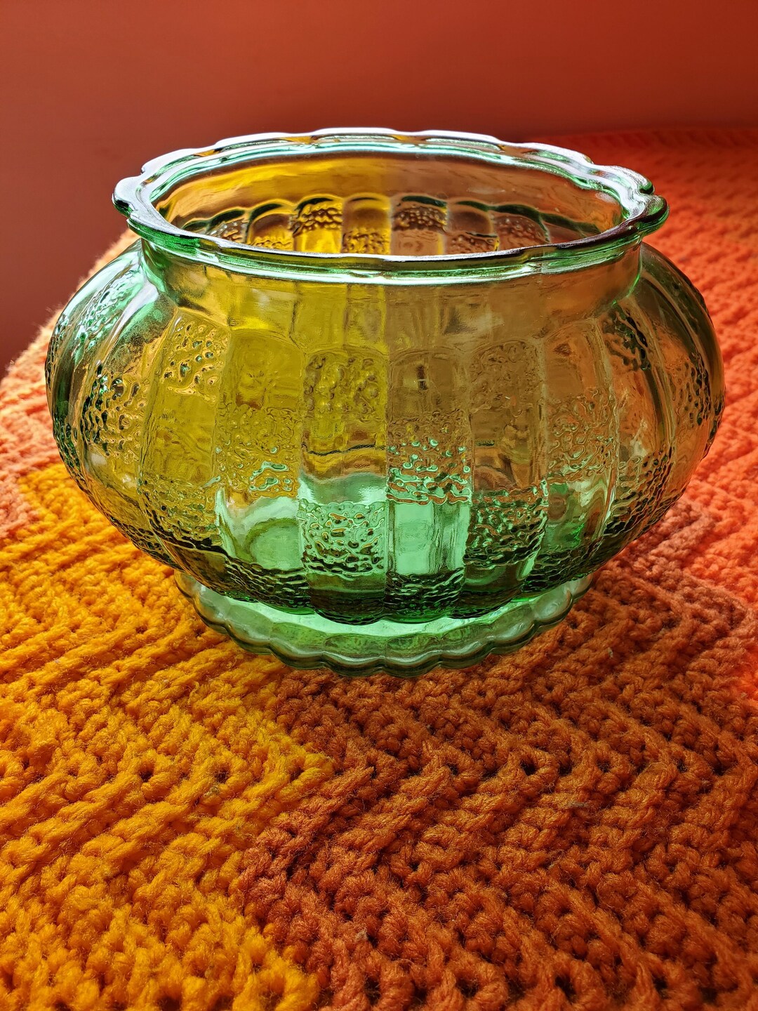 Vintage A.L.R. Co Green Glass Melon Shaped Oval Vase Checker Board ...