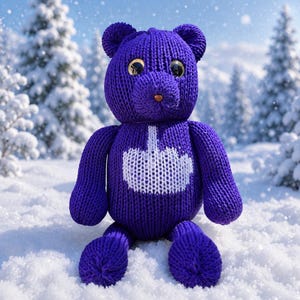 May include: A knitted teddy bear in a vibrant purple yarn featuring a white graphic design on its chest. The bear has large, round, reflective golden eyes and a small brown nose. The texture of the knit is visible throughout the entire body.
