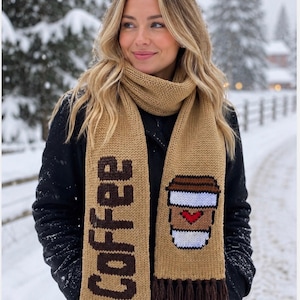 May include: A tan knitted scarf featuring the word COFFEE in dark brown letters on one side and a graphic of a coffee cup with a red heart on the other. The scarf has dark brown fringe at the ends and is worn over a black coat in a snowy setting.
