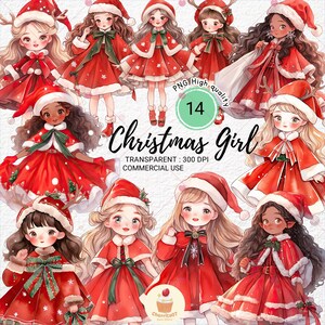 クリスマスガールクリップアート、クリスマスかわいい女の子、クリスマスPNG、クリスマスクリップアート、水彩画クリスマス14PNG、デジタルダウンロード、商用利用