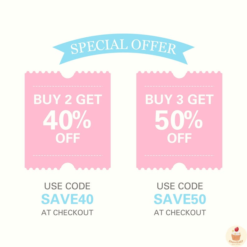 Może przedstawiać: Grafika w kolorze r&oacute;żowym i niebieskim z tekstem "SPECIAL OFFER" na niebieskim banerze. Dwa r&oacute;żowe kupony z tekstem "BUY 2 GET 40% OFF" i "BUY 3 GET 50% OFF". Pod każdym kuponem znajduje się tekst "USE CODE SAVE40 AT CHECKOUT" i "USE CODE SAVE50 AT CHECKOUT".