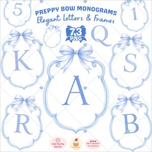 May include: Light blue preppy bow monograms with elegant letters and frames. The image features the letters K, A, R, B, Q, and S, along with the numbers 5 and 1. Each letter and number is framed with a light blue bow and decorative border.