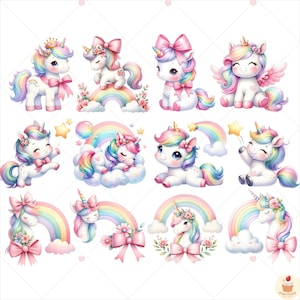 K&ouml;nnte beinhalten: Ein Set mit 12 digitalen Clipart-Bildern mit niedlichen Cartoon-Einh&ouml;rnern mit Regenb&ouml;gen, Sternen und Wolken. Die Einh&ouml;rner sind in verschiedenen Posen, darunter schlafend, fliegend und einen Stern haltend. Die Bilder sind perfekt, um Ihren Bastelarbeiten, Ihrem Scrapbooking oder Ihren digitalen Designs einen Hauch von Magie zu verleihen.