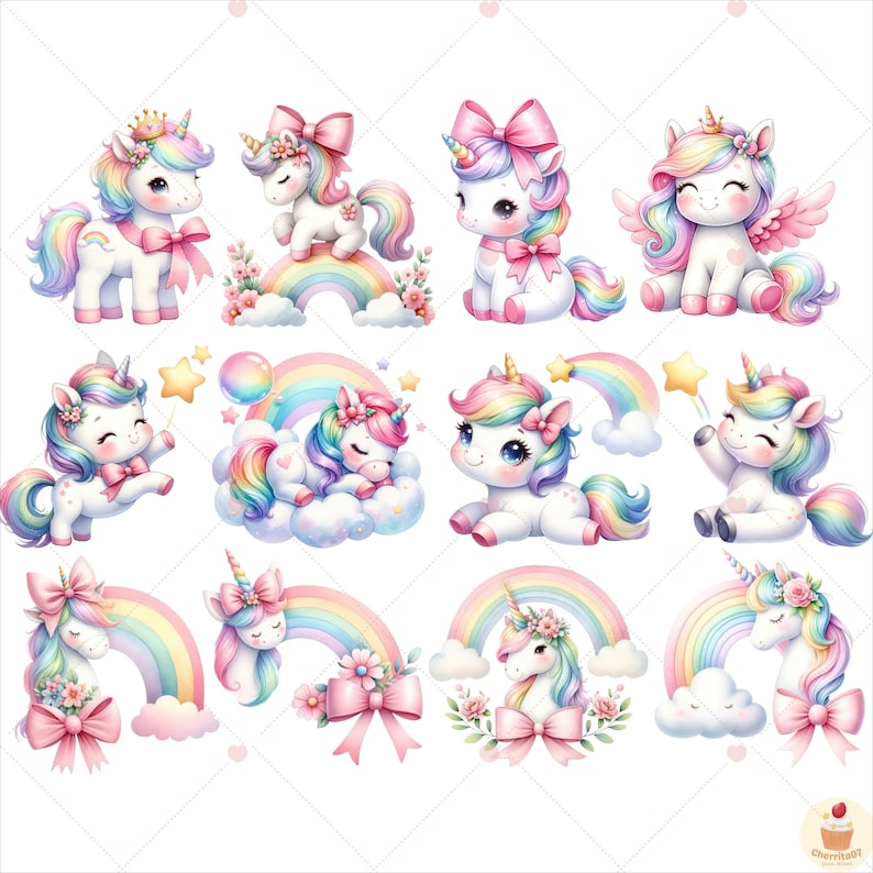 K&ouml;nnte beinhalten: Ein Set mit 12 digitalen Clipart-Bildern mit niedlichen Cartoon-Einh&ouml;rnern mit Regenb&ouml;gen, Sternen und Wolken. Die Einh&ouml;rner sind in verschiedenen Posen, darunter schlafend, fliegend und einen Stern haltend. Die Bilder sind perfekt, um Ihren Bastelarbeiten, Ihrem Scrapbooking oder Ihren digitalen Designs einen Hauch von Magie zu verleihen.