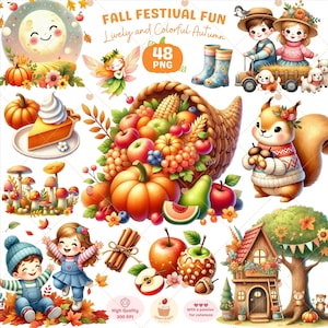 秋祭りの楽しいクリップアート、秋のクリップアート、カボチャのpng、森の動物、かわいい子供たちのpng、感謝祭のクリップアート、月のpng、商用利用