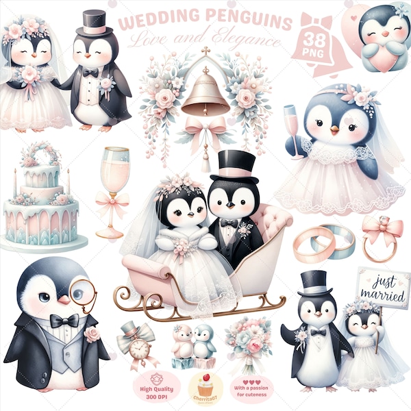 Wedding Penguins Clipart, Bride and Groom png, Penguins Clipart, Couple Animals png, Wedding Stationery, husband and wife, Commercial Use
