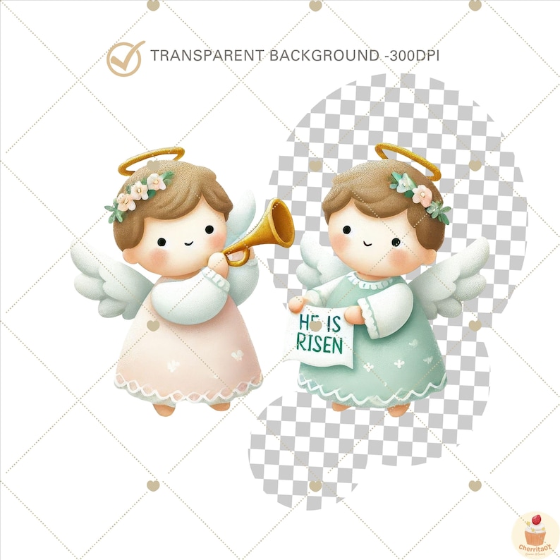 May include: Two angels with halos and wings. One angel is holding a trumpet and the other is holding a sign that says "He is Risen".