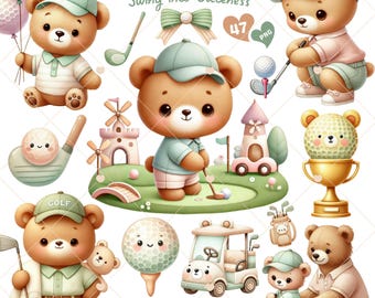 May include: A collection of watercolor illustrations featuring adorable baby bears playing golf. The bears are dressed in golf attire and are surrounded by golf-themed elements, including golf balls, clubs, and a golf cart. Text reads "Baby Bear Golfer, Swing into Cuteness."