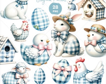 Easter Gingham Ceramic Clipart, Easter Bunny PNG, Easter egg clipart, Chicken PNG, Spring Clipart, Blue Gingham pattern, commercial use