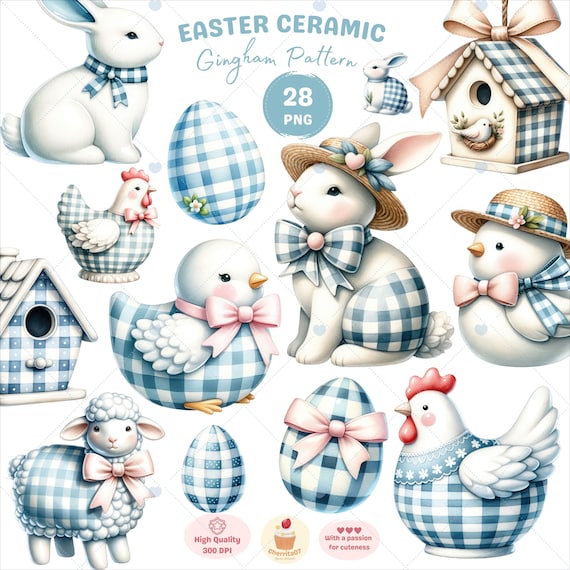 Easter Gingham Ceramic Clipart, Easter Bunny PNG, Easter egg clipart, Chicken PNG, Spring Clipart, Blue Gingham pattern, commercial use