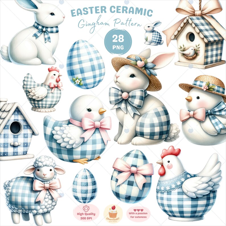 May include: A set of 28 digital illustrations featuring Easter-themed ceramic items in a blue and white gingham pattern. The illustrations include bunnies, chicks, a lamb, a birdhouse, and eggs. The text "EASTER CERAMIC Gingham Pattern" is at the top of the image.
