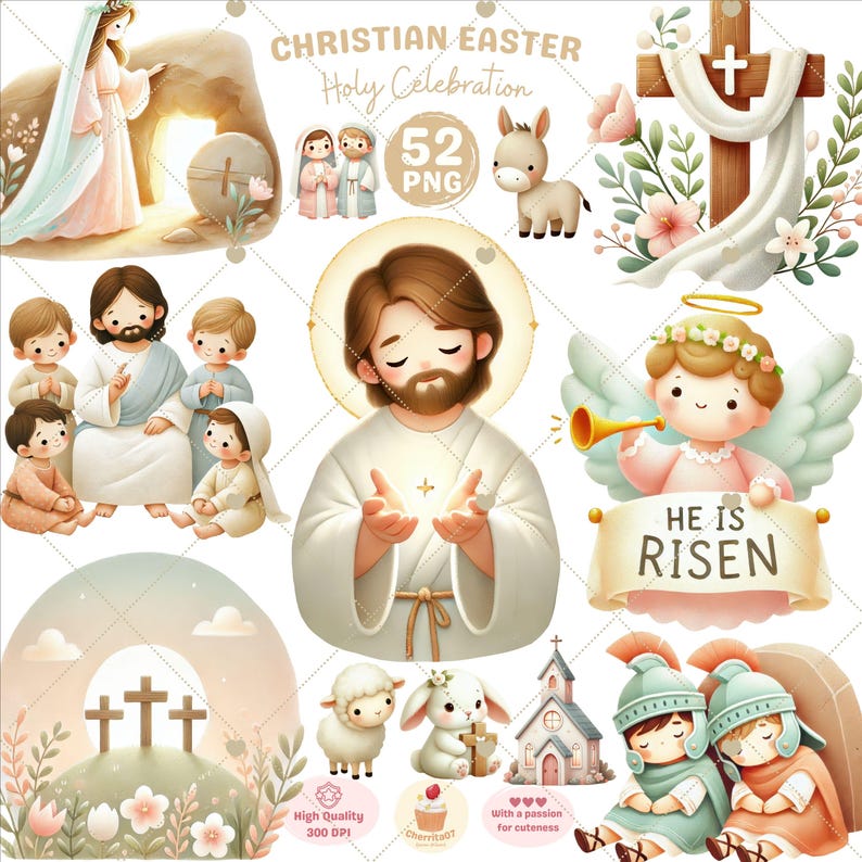 May include: A set of 52 digital illustrations for Christian Easter, featuring a variety of characters and symbols, including Jesus, angels, lambs, crosses, and a church. The illustrations are in a cartoon style with soft colors and a whimsical feel. The text "HE IS RISEN" is featured on a banner.