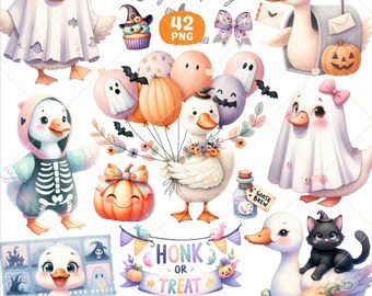 Imágenes prediseñadas de ganso de Halloween, lindo PNG de Halloween, un ganso espeluznante, ganso disfrazado de fantasma, ganso divertido PNG, imágenes prediseñadas de otoño, uso comercial