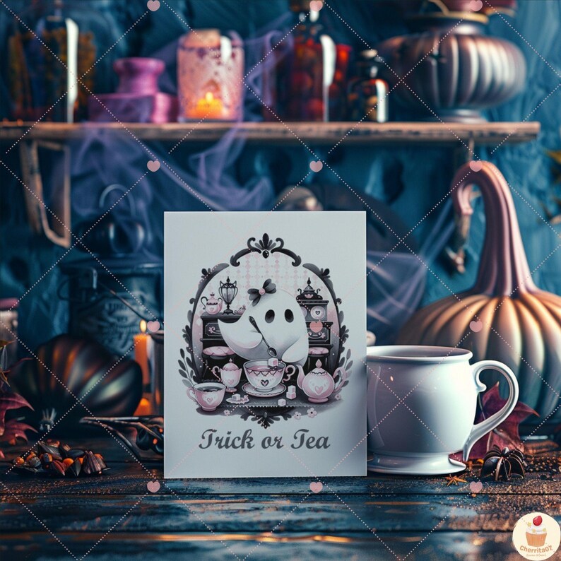 Puede incluir: Una tarjeta de felicitaci&oacute;n con tem&aacute;tica de Halloween con una ilustraci&oacute;n de fantasma, tazas de t&eacute; y el texto "Trick or Tea". Una taza blanca est&aacute; colocada junto a la tarjeta. El fondo incluye calabazas, velas y objetos decorativos.