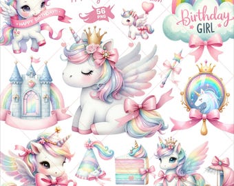Princess Unicorn verjaardag clipart, Unicorn png, meisje verjaardag clipart, sprookjesachtige clipart, kasteel clipart, pastel regenboog png, commercieel gebruik