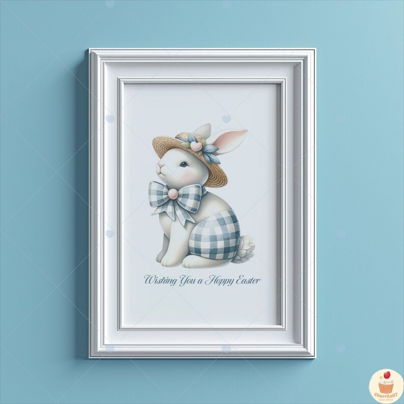 May include: A white bunny wearing a blue and white gingham dress and a straw hat with flowers. The bunny is sitting and looking to the left. The text "Wishing You a Happy Easter" is below the bunny.