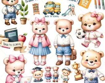 新学期のクリップアート、スクールベア（png）、ベビーベア（png）、学用品のクリップアート、学生のクリップアート、テディベア、幼稚園のアート、商用利用