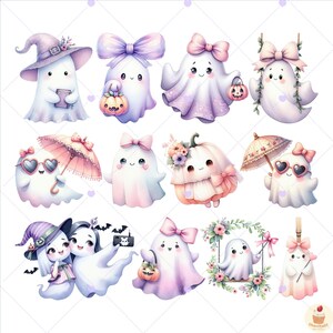 May include: A collection of whimsical, watercolor-style ghost illustrations. Each ghost is depicted in soft pastel colors, adorned with bows, hats, and accessories like pumpkins, sunglasses, and umbrellas. The overall theme is cute and Halloween-themed.
