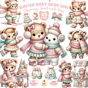 Winter Baby Bär Clipart, Teddy Bär png, Rosa Baby Bär png, Coquette Weihnachten, süße Tiere png, Baby Mädchen Clipart, kommerzielle Nutzung