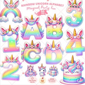 Alfabeto de unicornio arcoíris, clipart de unicornio png, clipart de cumpleaños de unicornio, clipart de letras, clipart de cumpleaños de niña, clipart de hada, uso comercial