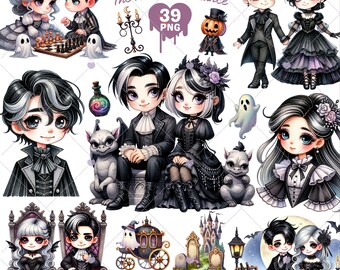Imágenes prediseñadas de pareja gótica, imágenes prediseñadas de Halloween, pareja png, boda gótica, novios espeluznantes, imágenes prediseñadas de boda, imágenes prediseñadas de San Valentín, uso comercial