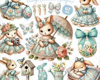 Shabby Chic Easter Clipart, Easter png, Bunny png, Retro Easter png, Floral Easter Egg, Cottagecore clipart, Spring clipart, Commercial Use