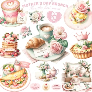Moederdag brunch clipart, Moederdag png, Mom Life png, ontbijt clipart, Pink Rose clipart, koffiekopje, kaarten maken, commercieel gebruik