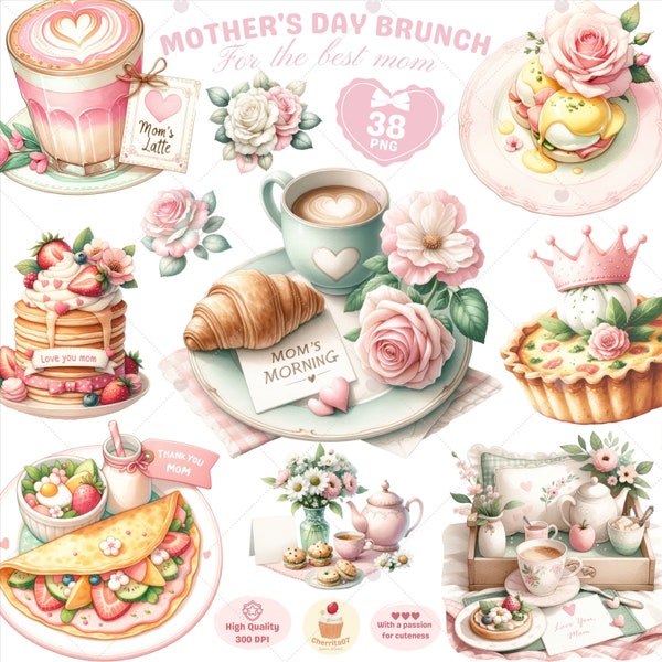 Mothers Day Brunch clipart, Mother's Day png, Mom Life png, Breakfast clipart, Pink Rose clipart, Coffee Cup, Card Making, Commercial Use