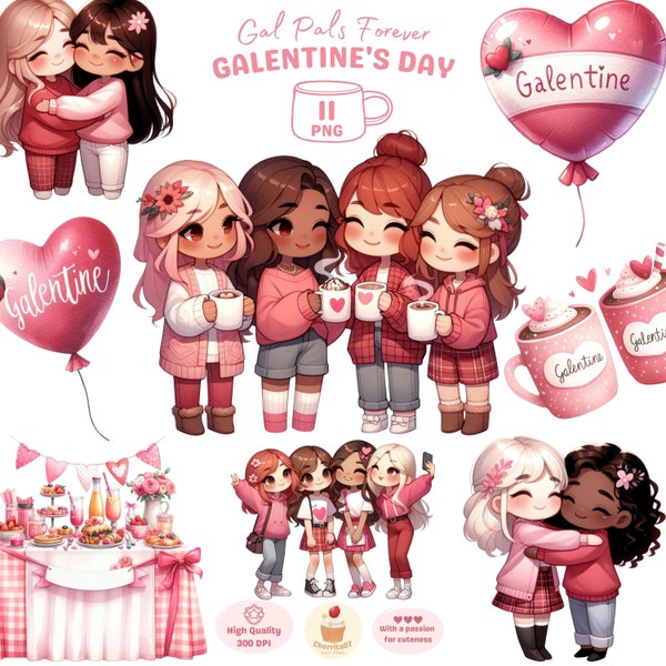 Galentine's Day Clipart, Valentines Clipart, Girl PNG, Best Friends Clipart, friends forever, Girl Party Clipart, Love PNG, Commercial Use