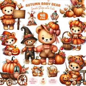 Clipart de urso bebê de outono, urso de pelúcia png, clipart de outono, menina ursinha fofa, chá de bebê de outono, abóbora png, animais fofos, uso comercial