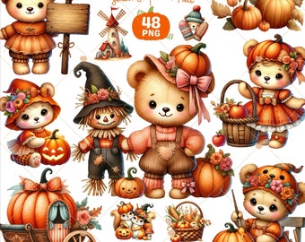 Autumn Baby Bear Clipart, Teddy Bear png, Fall clipart, Cute baby bear girl, Autumn baby Shower, Pumpkin png, Cute Animals, Commercial Use