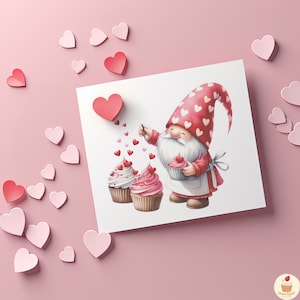 May include: A gnome with a red and white hat sprinkles pink hearts over two cupcakes with pink and white frosting. The gnome is wearing a red and white apron and holding a cupcake in its hand. The background is pink with pink hearts scattered around.